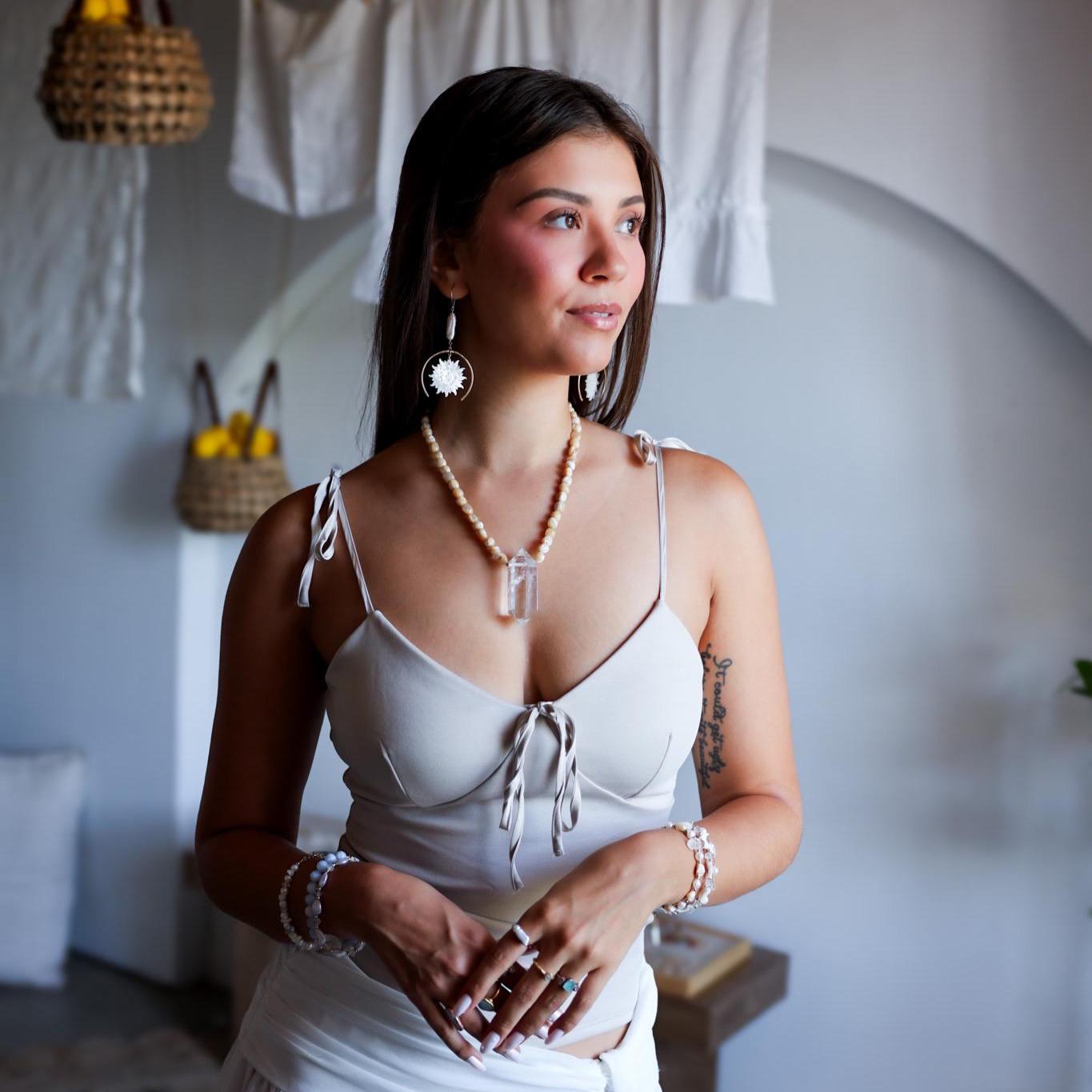 Earth, Water & Light Talisman Necklace- Trochus Shell and AAA Quartz