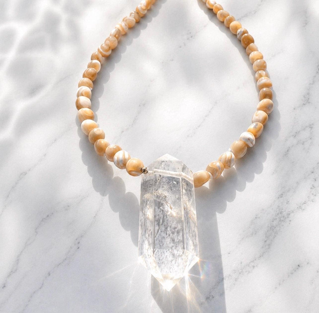 Earth, Water & Light Talisman Necklace- Trochus Shell and AAA Quartz