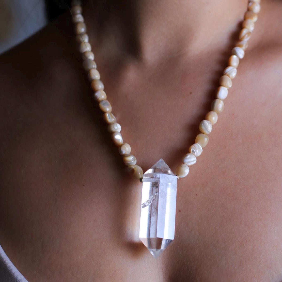 Earth, Water & Light Talisman Necklace- Trochus Shell and AAA Quartz