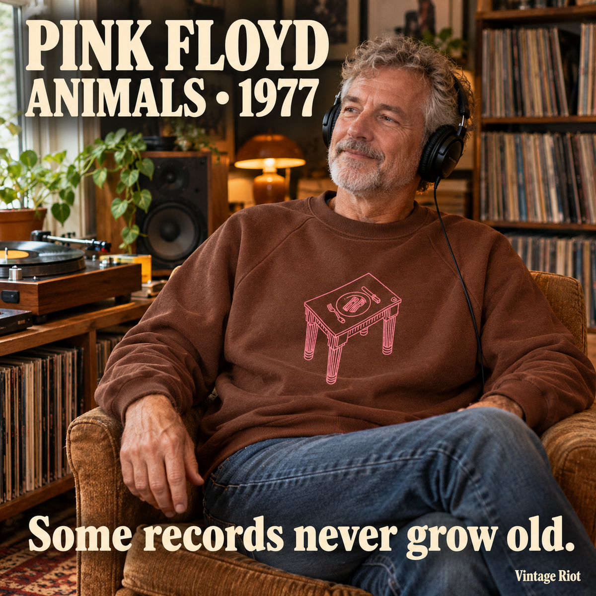 Pink Floyd Animals 1977 Retro Crewneck Sweatshirt — Brown — illustrative wearing view