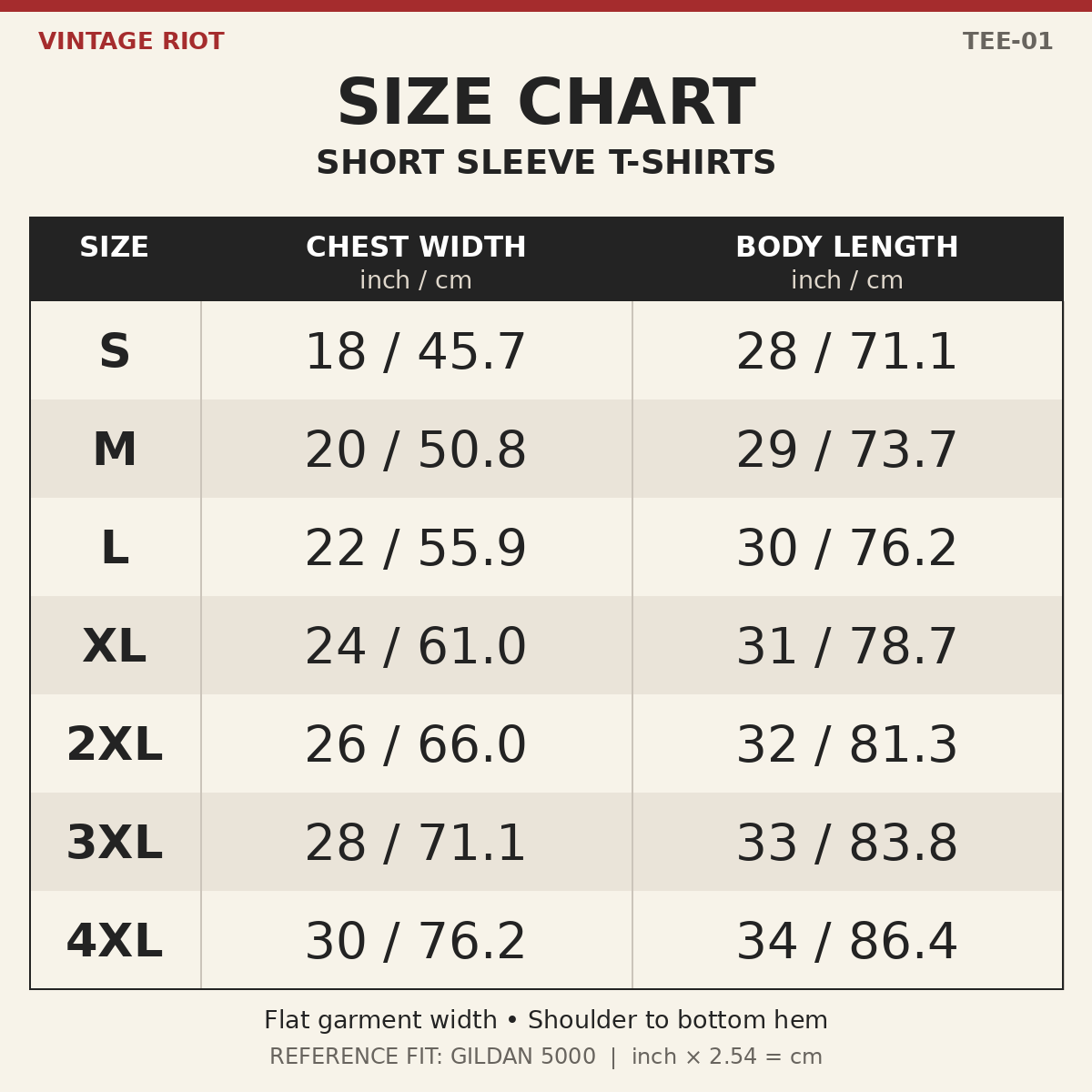 Short Sleeve T-Shirt reference size chart S-4XL