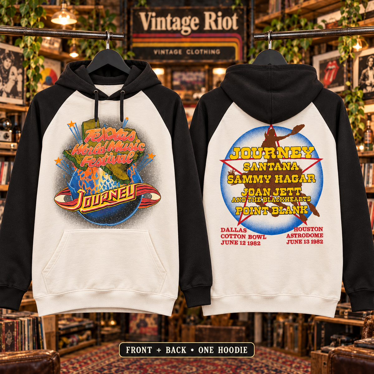 1982 Texxas Jam Retro Pullover Hoodie — Ivory / Black — front and back of one garment