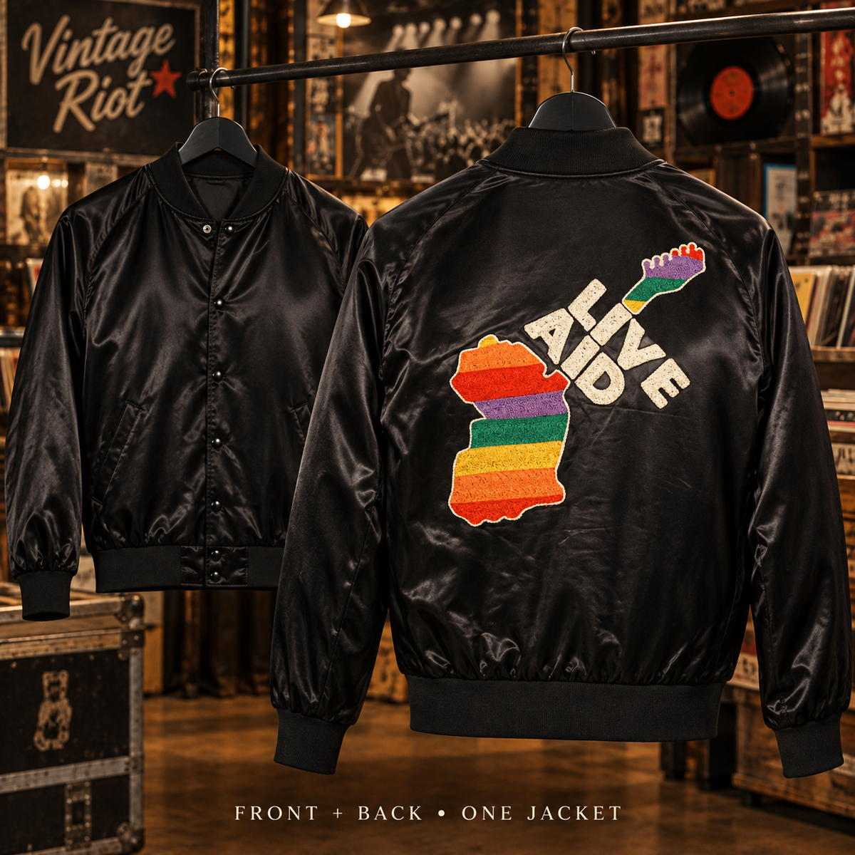 1985 Live Aid Retro Concert Jacket — Black — front and back of one garment