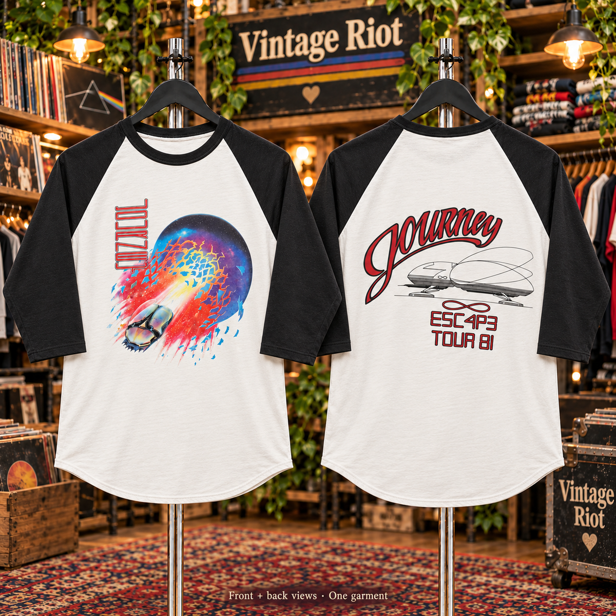 Journey Escape Tour ’81 Retro Raglan Shirt — front and back views of one garment