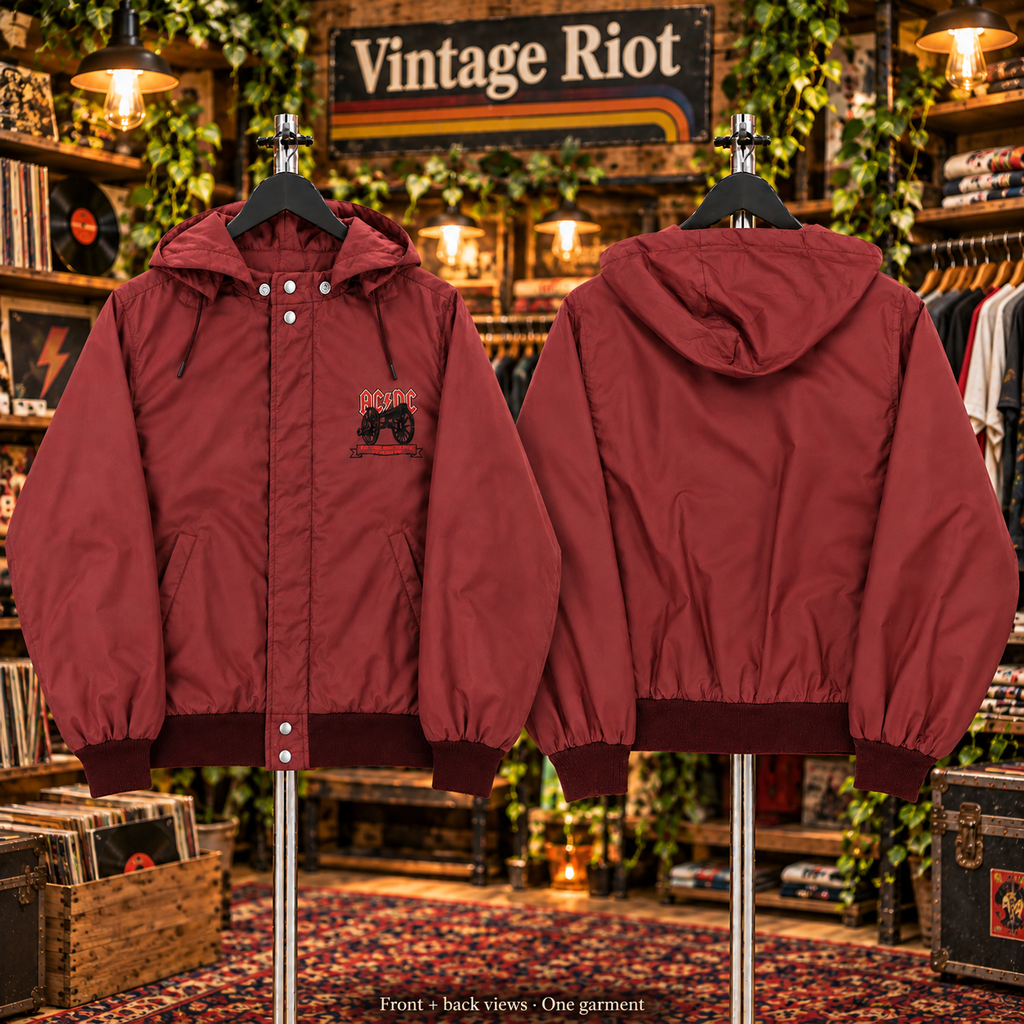 AC/DC For Those About to Rock Retro Hooded Jacket — front and back views of one garment