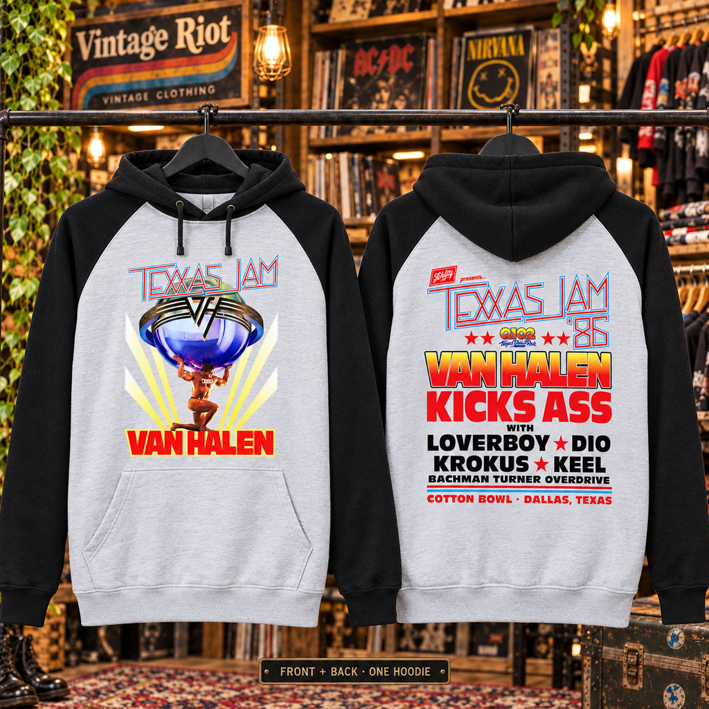 1986 Texxas Jam Retro Pullover Hoodie — Heather Gray / Black — front and back of one garment