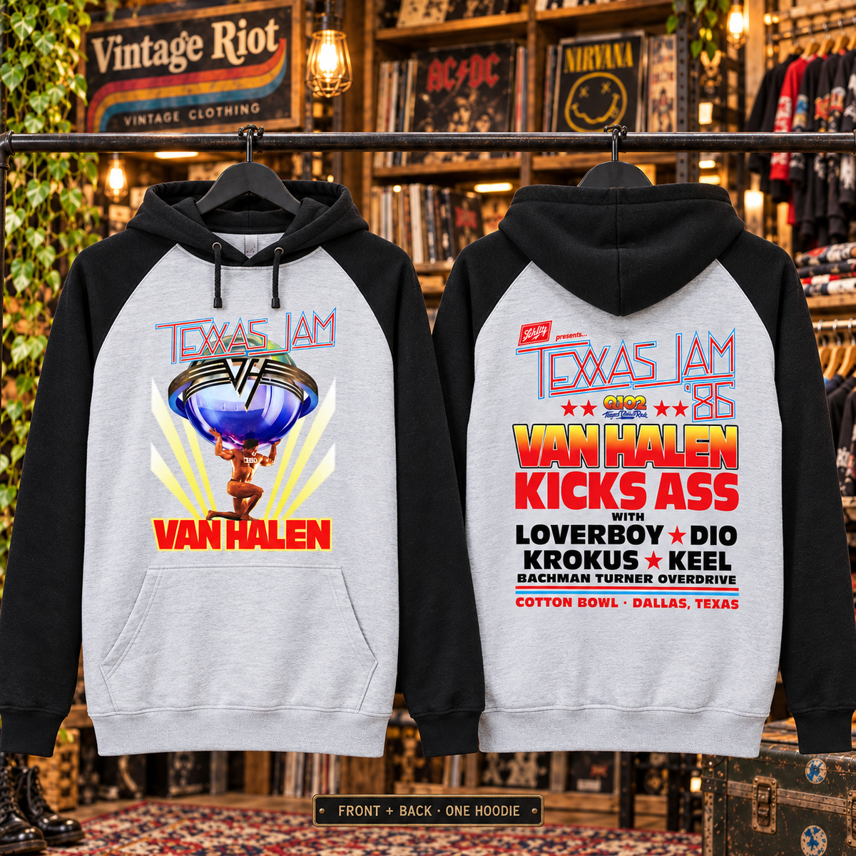 1986 Texxas Jam Retro Pullover Hoodie — Heather Gray / Black — front and back of one garment