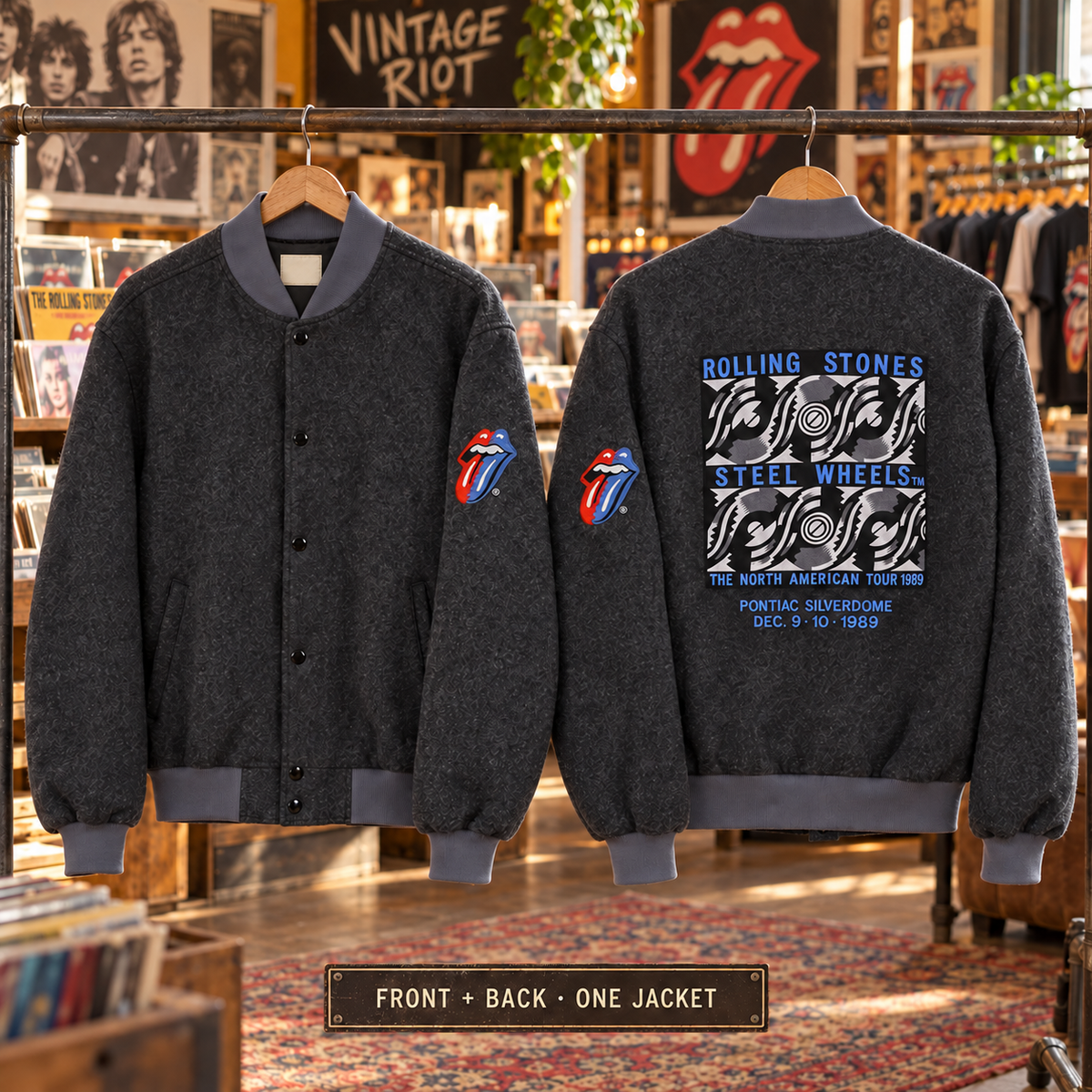 1989 Rolling Stones Steel Wheels Retro Jacket — Charcoal — front and back of one garment