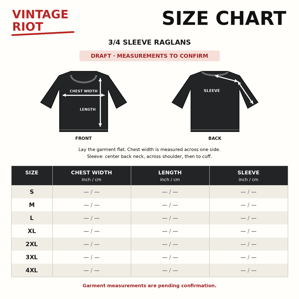 1978 Rolling Stones Happy Birthday Mick Retro Raglan size chart; dimensions pending confirmation