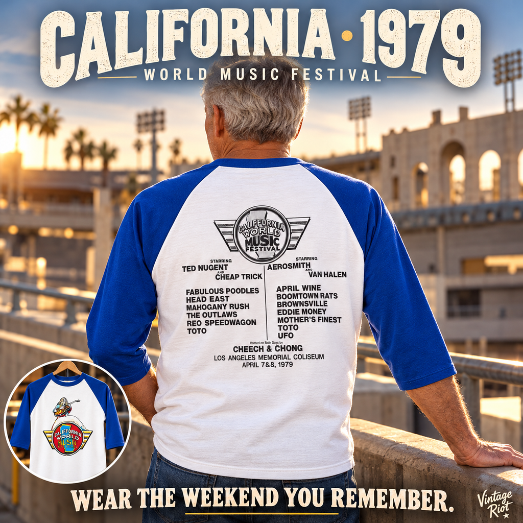 1979 California World Music Festival Retro Raglan illustrated styling