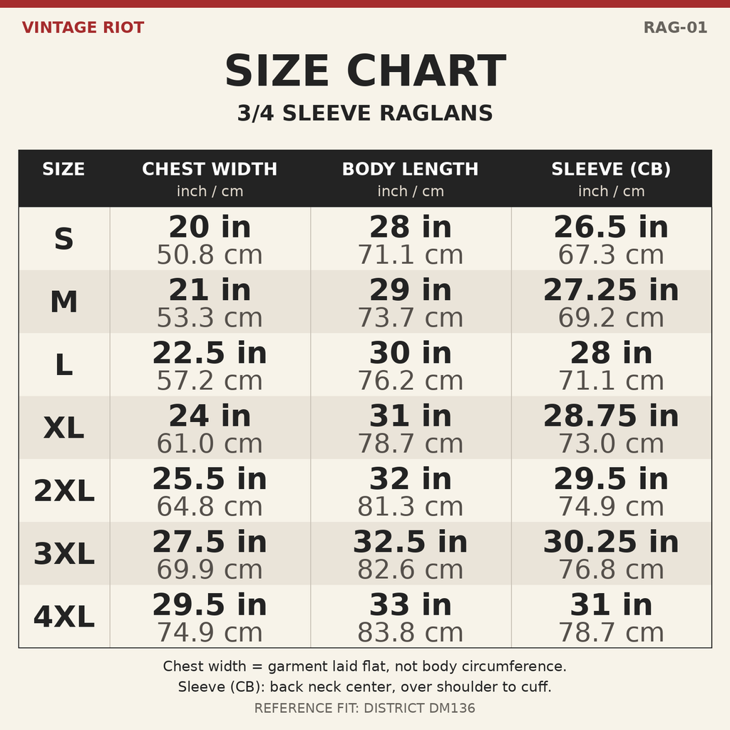 Three-Quarter Sleeve Raglan reference size chart S-4XL